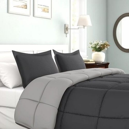 Full/Queen Traditional Microfiber Reversible 3 Piece Comforter Set in Grey - Free Shipping