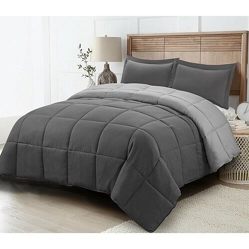 Full/Queen Traditional Microfiber Reversible 3 Piece Comforter Set in Grey - Free Shipping