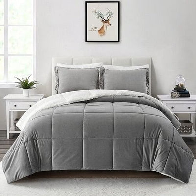 King Plush Microfiber Reversible Comforter Set in Grey - Free Shipping 