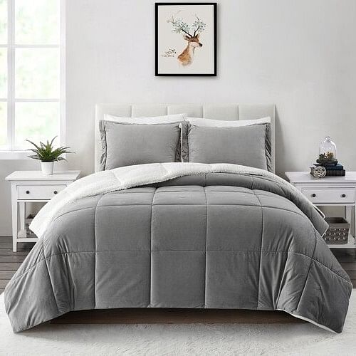 King Plush Microfiber Reversible Comforter Set in Grey - Free Shipping