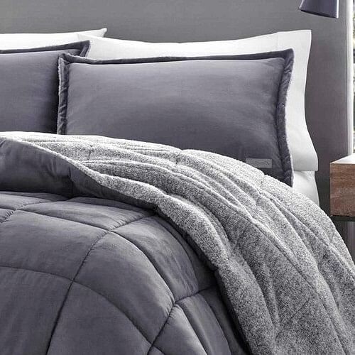 King Plush Sherpa Reversible Micro Suede Comforter Set in Gray - Free Shipping 