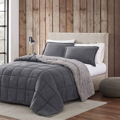 King Plush Sherpa Reversible Micro Suede Comforter Set in Gray - Free Shipping 