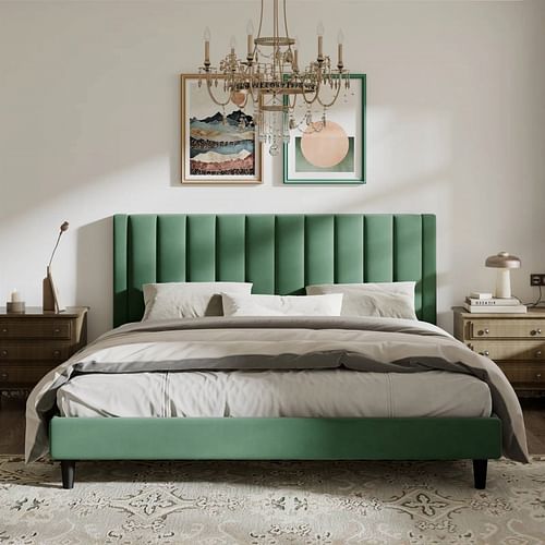 King size Modern Green Velvet Upholstered Platform Bed with Headboard - Free Shipping 