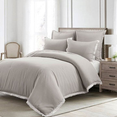 Full/Queen French Country Grey 5-Piece Lightweight Comforter Set w/ Lace Trim - Free Shipping 