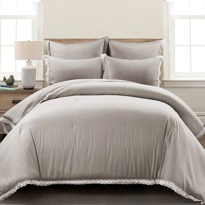 Full/Queen French Country Grey 5-Piece Lightweight Comforter Set w/ Lace Trim - Free Shipping 