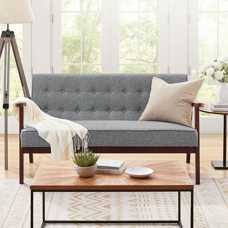 Mid-Century Modern 2-Seat Loveseat Sofa Couch Wood Frame Grey Button Tufted - Free Shipping