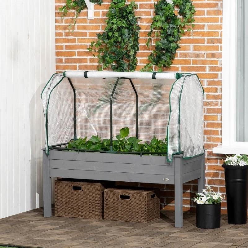 Grey Wood Elevated Raised Garden Bed Planter with Greenhouse Cover - Free Shipping 