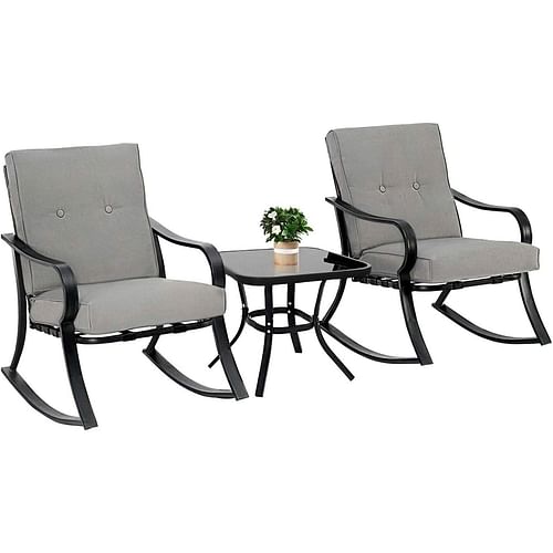 Outdoor 3-Piece Patio Furniture Table Rocking Chairs Set with Grey Cushions - Free Shipping