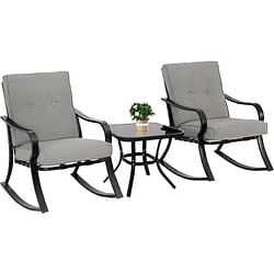 Outdoor 3-Piece Patio Furniture Table Rocking Chairs Set with Grey Cushions - Free Shipping