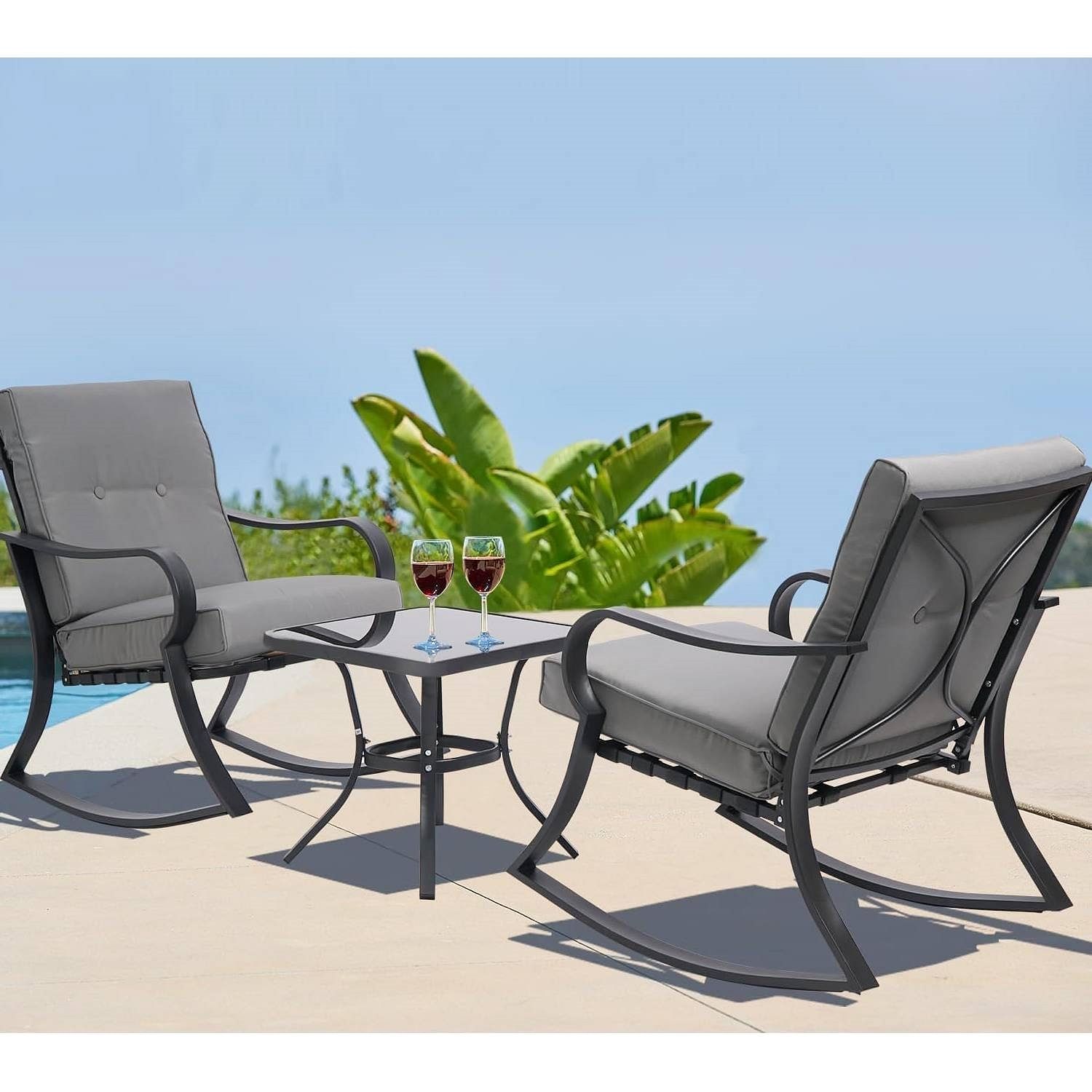 Outdoor 3-Piece Patio Furniture Table Rocking Chairs Set with Grey Cushions - Free Shipping