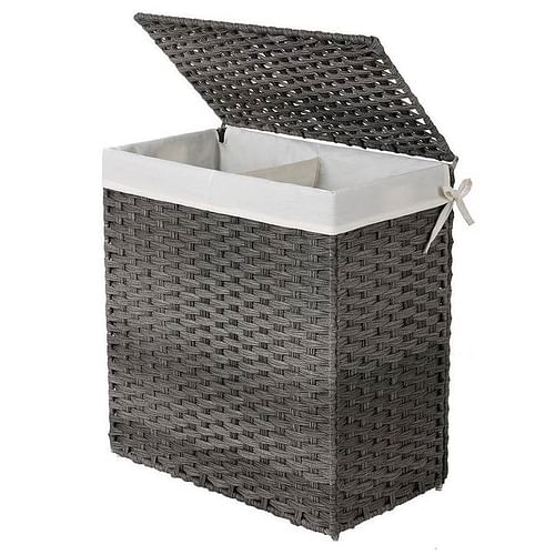 Grey PP Rattan 29-Gal Laundry Hamper Basket w/ 2-Compartment Washable Liner Bag - Free Shipping 