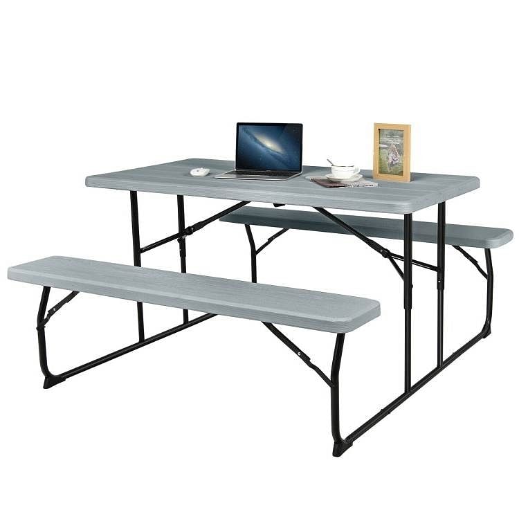 Grey Folding Picnic Table with 2 Benches Outdoor Patio Dining Set - Free Shipping