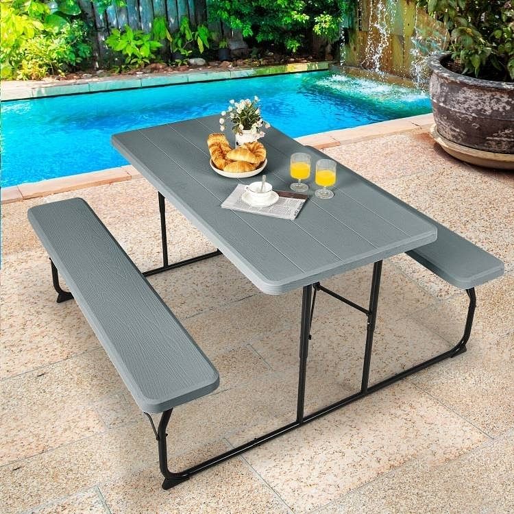 Grey Folding Picnic Table with 2 Benches Outdoor Patio Dining Set - Free Shipping