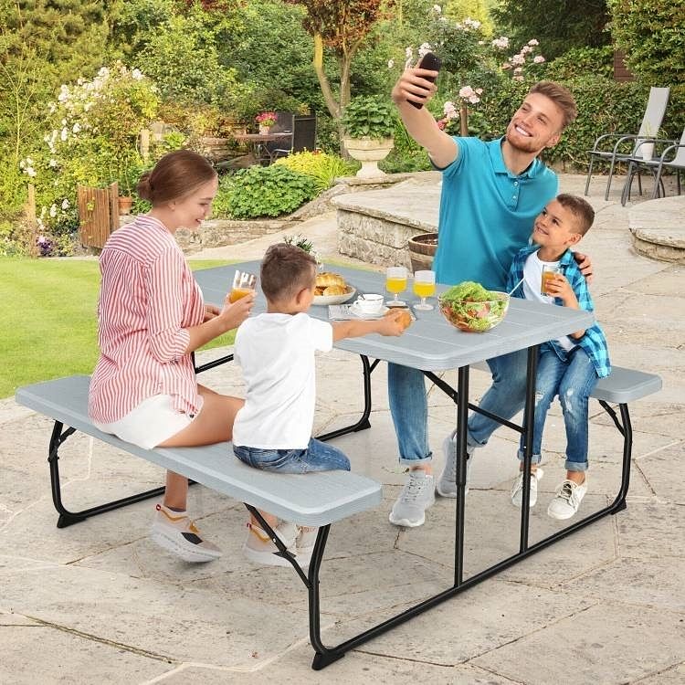 Grey Folding Picnic Table with 2 Benches Outdoor Patio Dining Set - Free Shipping