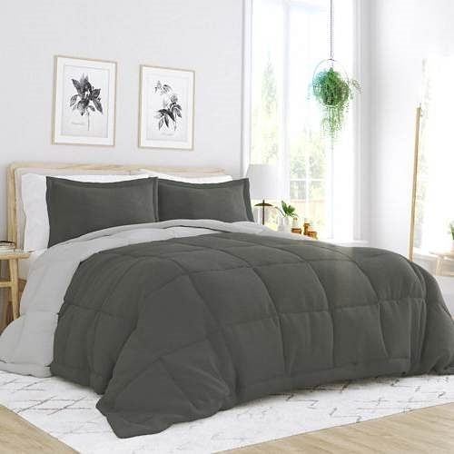Full/Queen 3-Piece Microfiber Reversible Comforter Set in Grey / Light Grey - Free Shipping 