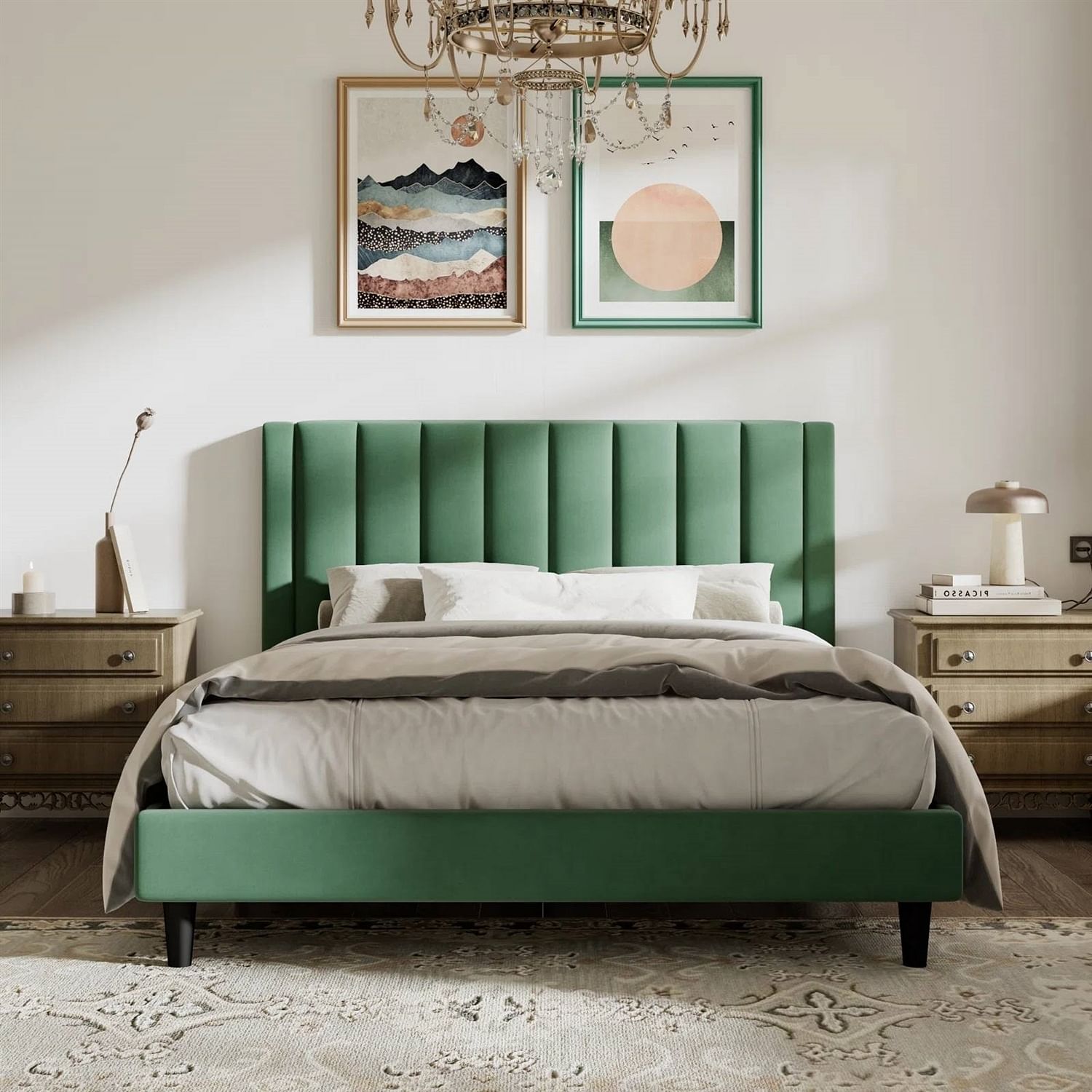 Queen size Modern Green Velvet Upholstered Platform Bed with Headboard - Free Shipping