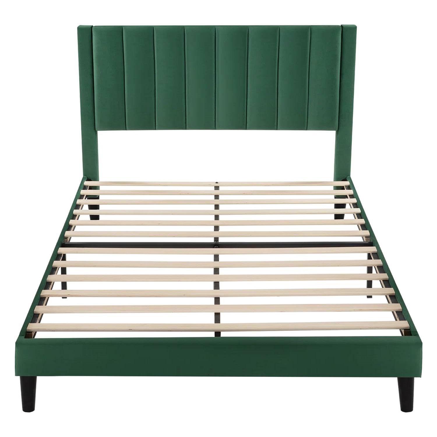 Queen size Modern Green Velvet Upholstered Platform Bed with Headboard - Free Shipping