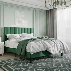 Queen size Modern Green Velvet Upholstered Platform Bed with Headboard - Free Shipping