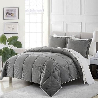 Queen Plush Microfiber Reversible Comforter Set in Grey - Free Shipping 