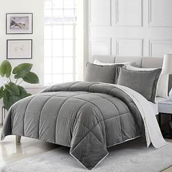 Queen Plush Microfiber Reversible Comforter Set in Grey - Free Shipping