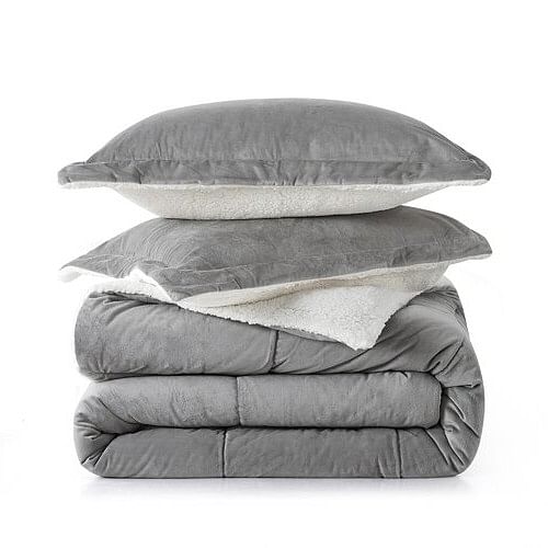 Queen Plush Microfiber Reversible Comforter Set in Grey - Free Shipping