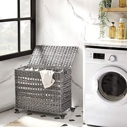 Grey PP Rattan 3-Basket Laundry Hamper Sorter Cart with Removable Cotton Bags - Free Shipping 