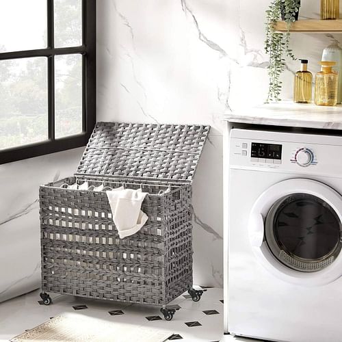 Grey PP Rattan 3-Basket Laundry Hamper Sorter Cart with Removable Cotton Bags - Free Shipping 