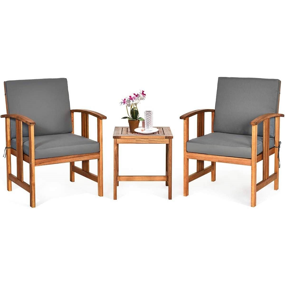 3-Piece Solid Wood Outdoor Patio Furniture Chairs Table Set with Grey Cushions - Free Shipping 