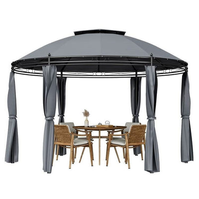 Circular Dome Hexagon Gazebo Canopy with Polyester Privacy Curtain in Grey - Free Shipping 