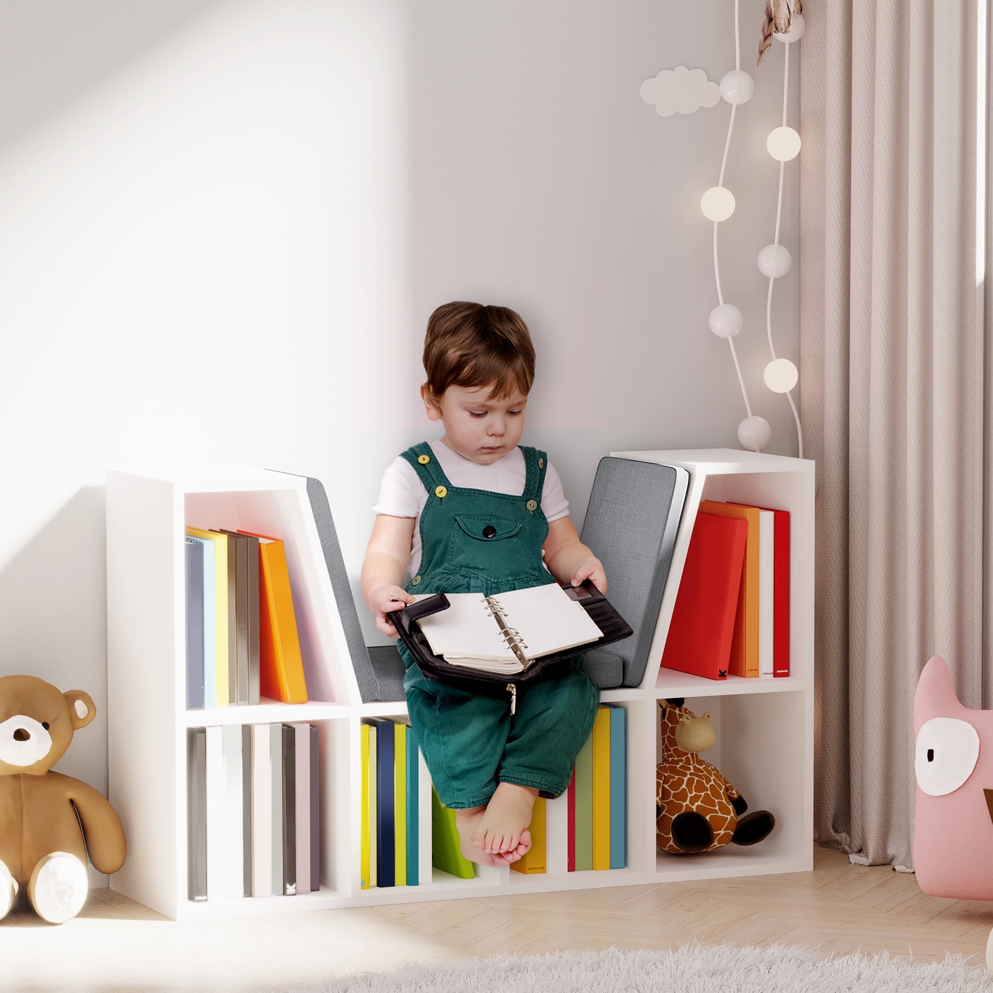 HOMCOM Kiddie Cubby Charm: 6-Cubby Bookcase with Cushioned Reading Nook, Storage Organizer Cabinet Shelf in White & Grey 