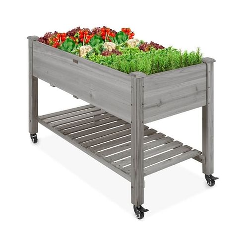 Outdoor Grey Wood Raised Garden Bed Planter Box with Shelf and Locking Wheels - Free Shipping 