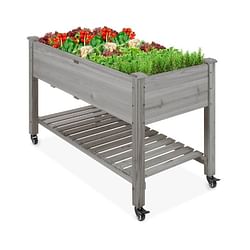 Outdoor Grey Wood Raised Garden Bed Planter Box with Shelf and Locking Wheels - Free Shipping 