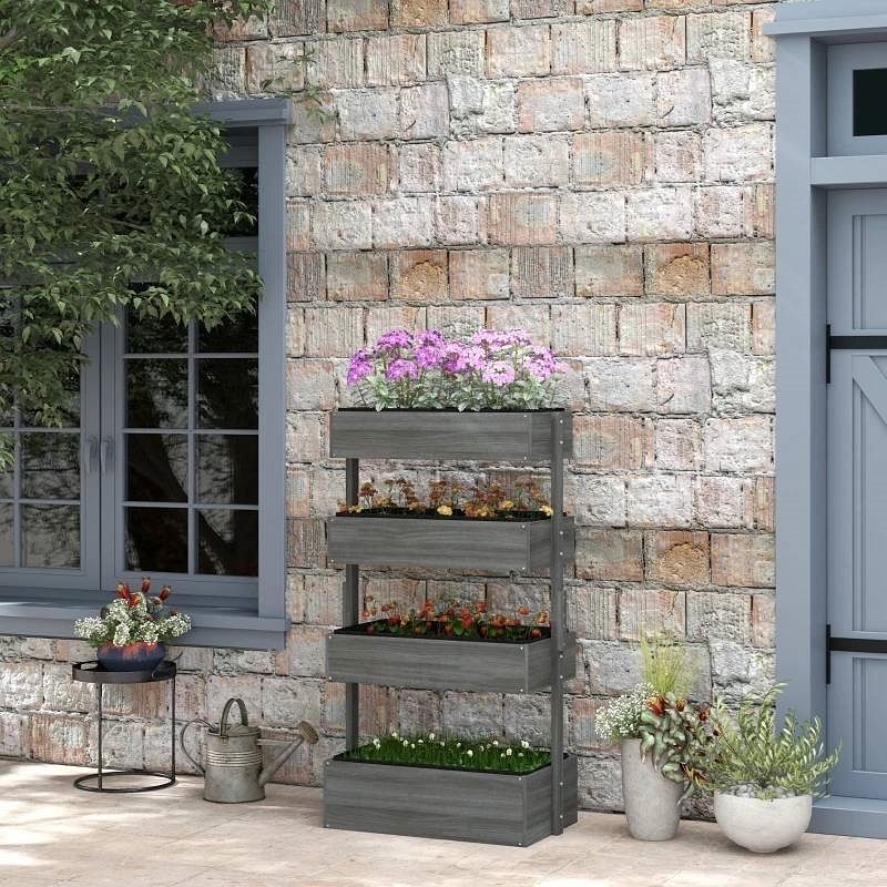 4 Tier Vertical Wooden Planter Box Raised Bed Grey - Free Shipping 