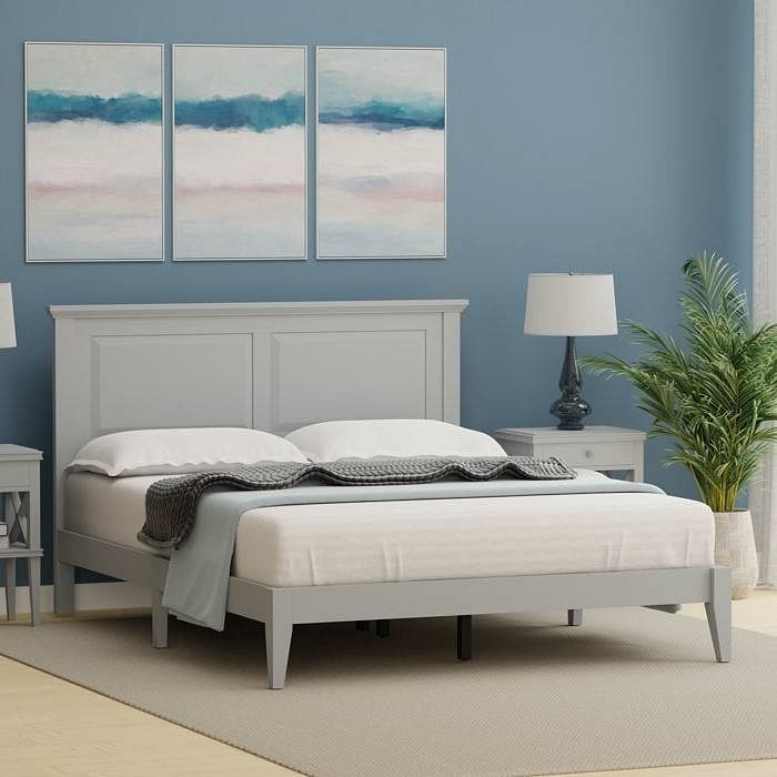 Queen Traditional Solid Oak Wooden Platform Bed Frame with Headboard in Grey - Free Shipping