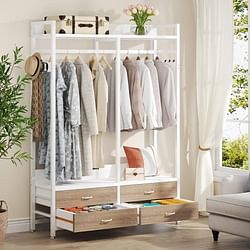 Freestanding White Oak Garment Rack Clothes Hanging Rod with 4 Storage Drawers - Free Shipping 