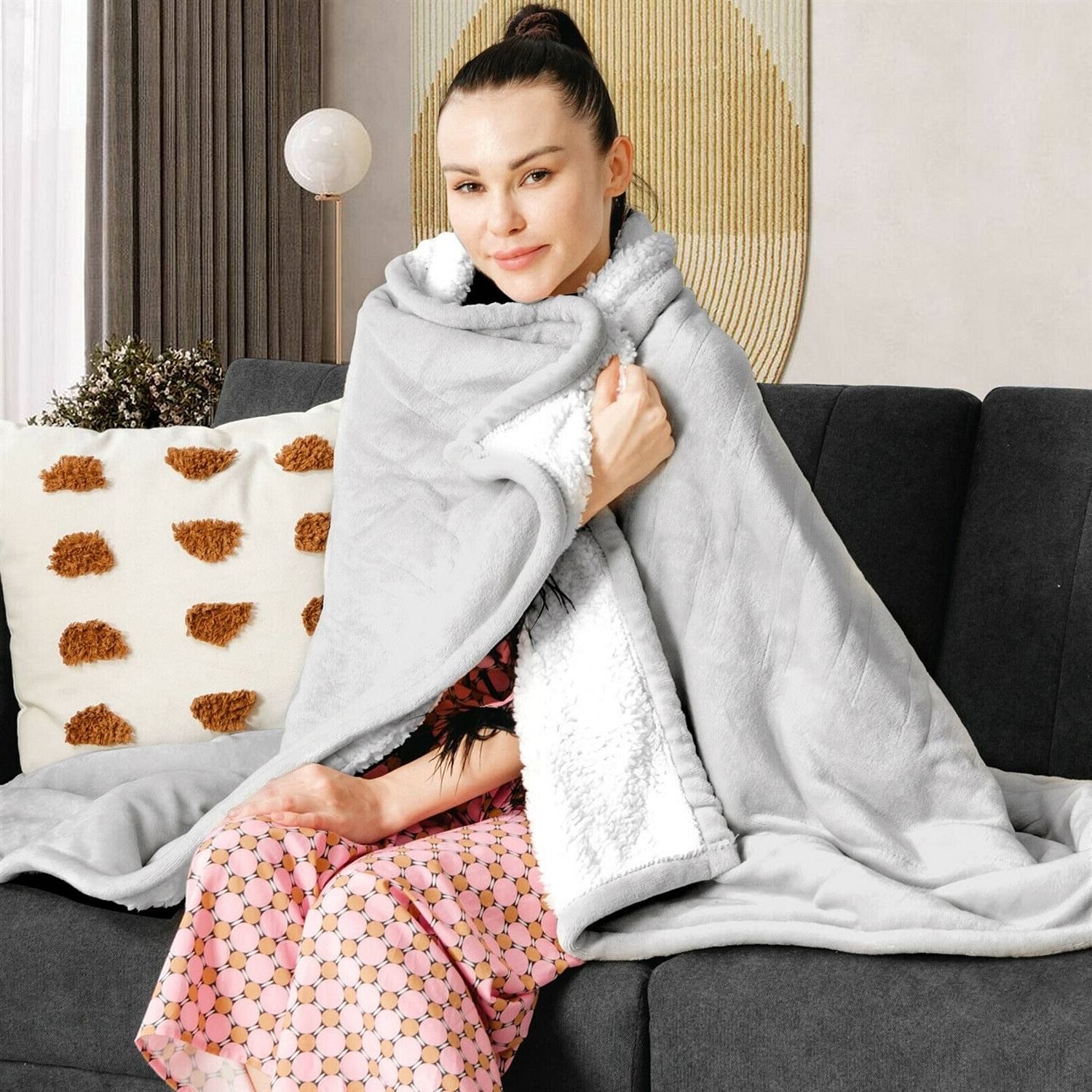Heated Electric Sherpa Throw Blanket in Grey/White - Free Shipping 