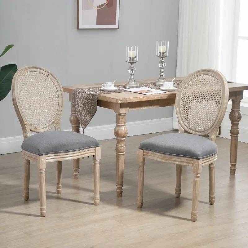 Set of 2 Vintage Upholstered Armless Rattan Back Dining Chairs Grey Wash - Free Shipping