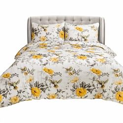 King size 3 Piece White Yellow Grey Reversible Floral Birds Cotton Quilt Set - Free Shipping