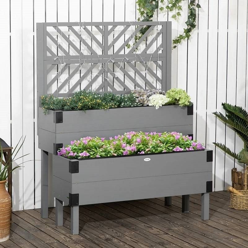 2 Tier Self Draining Grey Wood Raised Garden Bed Planter Box with Trellis - Free Shipping 