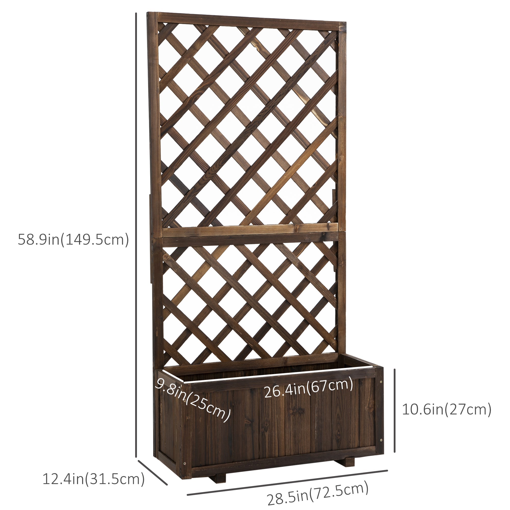 Outsunny Wooden Planter Box with Trellis for Climbing Plants Flower Raised Bed 2.4x1x4.9ft Carbonized 