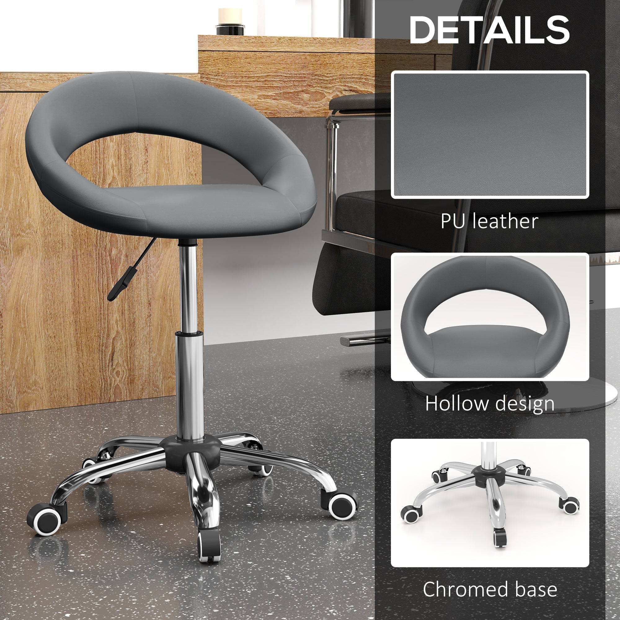 HOMCOM Modern Hydraulic Moon Salon Stool Rolling Swivel Chair Massage Spa Tattoo Pub Bar Stool, Grey 