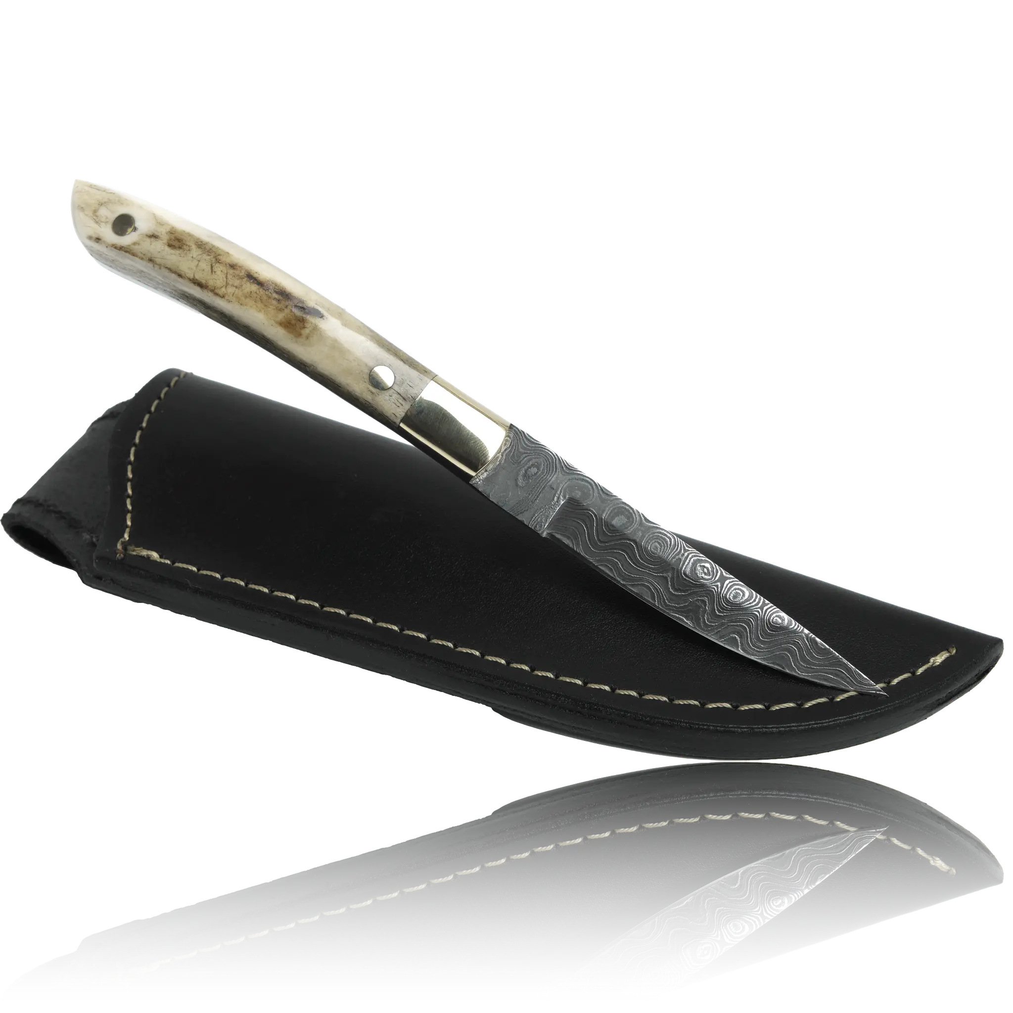 AKARI Skinner Knife 3.5 inch with Stag Horn Handle and Original Leather Sheath 