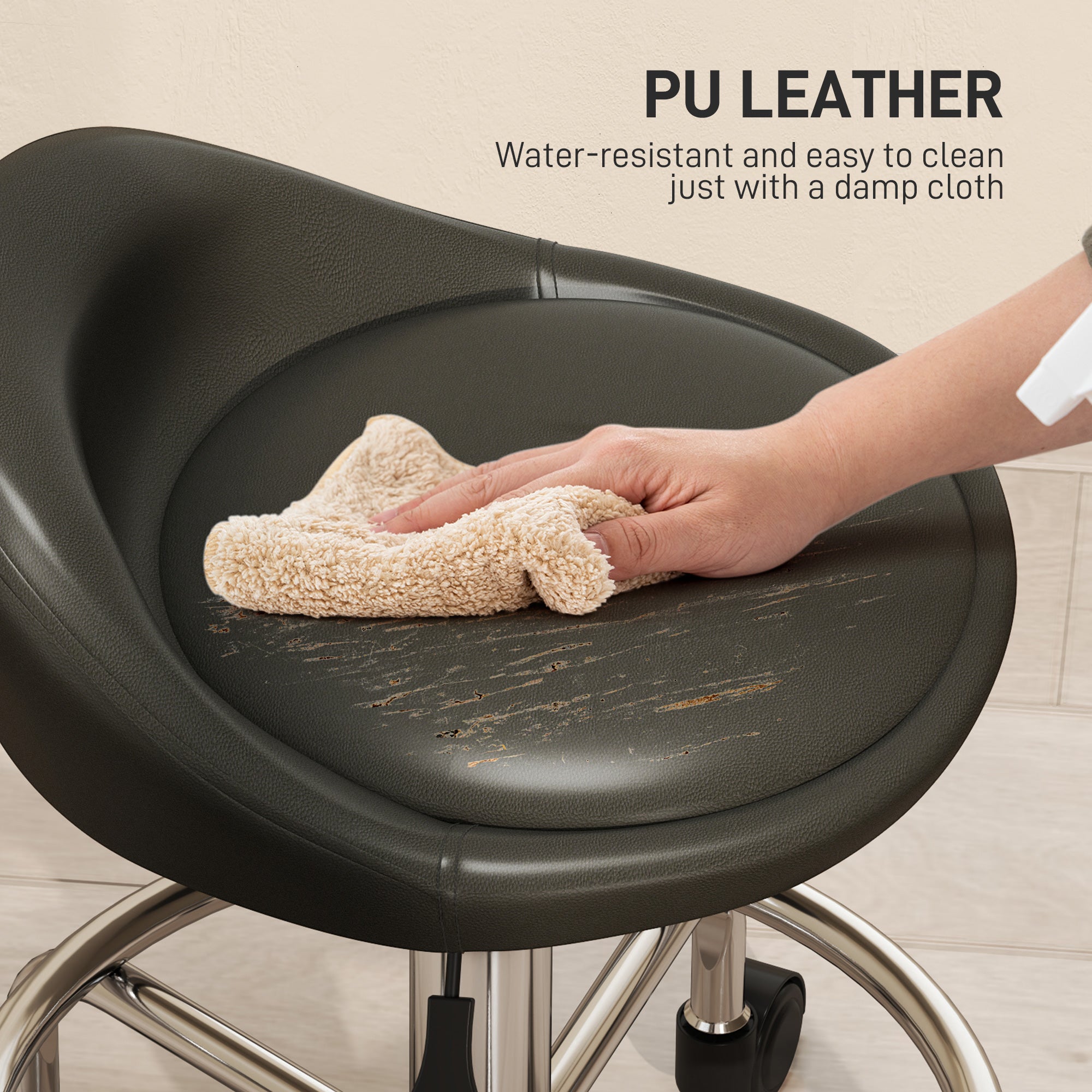 HOMCOM PU Leather Rolling Stool, Height Adjustable Swivel Salon Chair with Backrest and Foot Rest for Spa, Tattoo, Black 