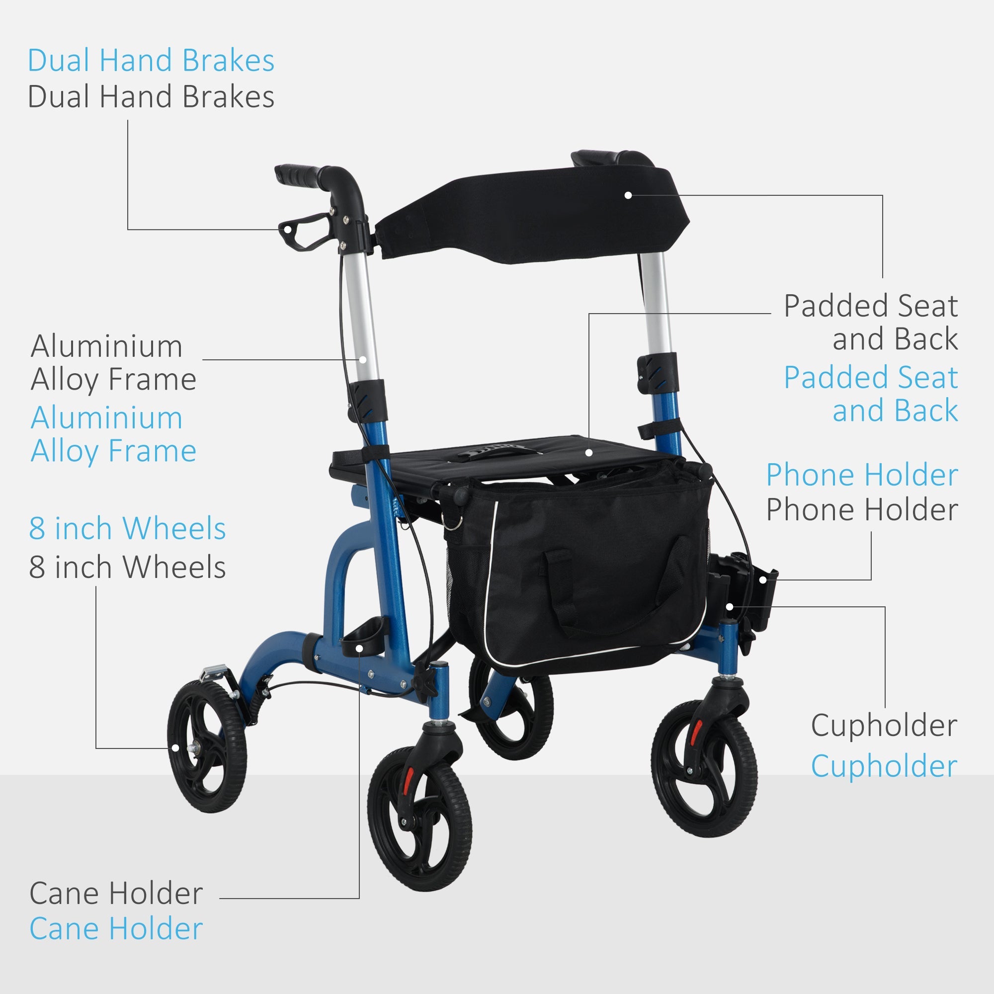 HOMCOM Rollator Walker with 8'' Wheels, Padded Seat and Backrest, Aluminium Lightweight Folding Rolling Walker, Blue 