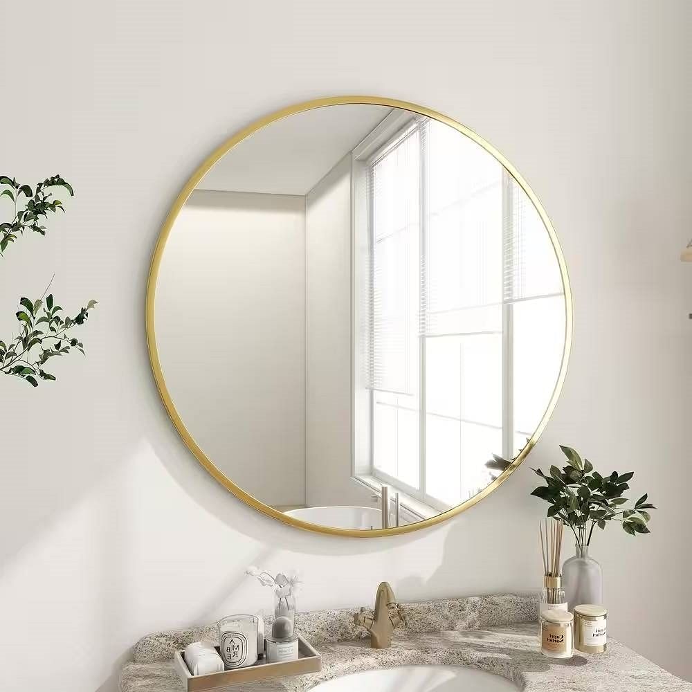 Round 24-inch Circular Bathroom Wall Mirror with Gold Frame - Free Shipping