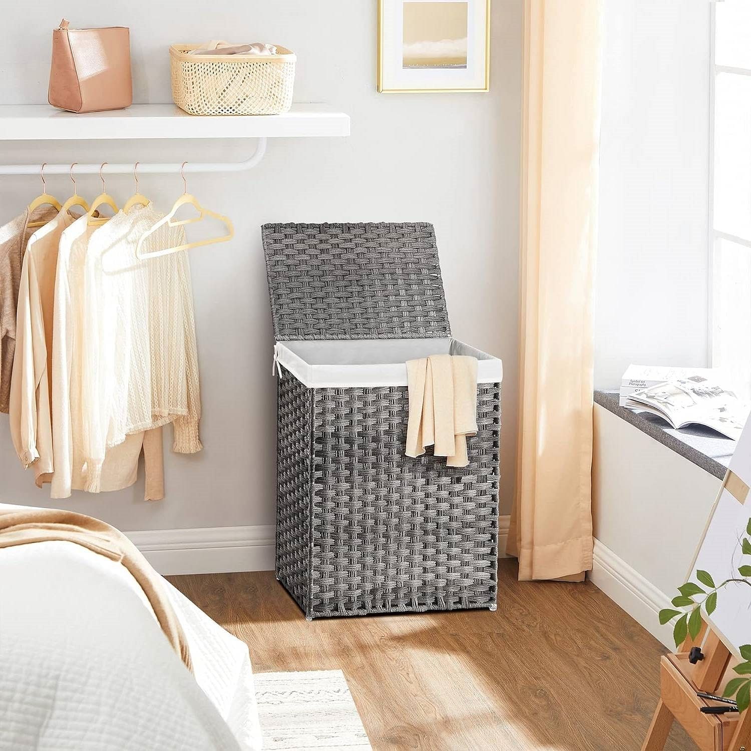 Grey Rattan Plastic Laundry Hamper Basket w/ Lid and Removable Cotton Liner Bag - Free Shipping 