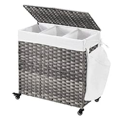 Handwoven Grey PP Rattan 3-Bag Laundry Basket Cart with Cotton Liner on Wheels - Free Shipping