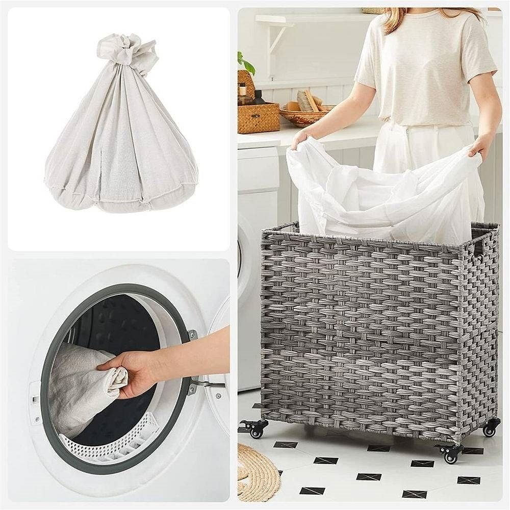 Handwoven Grey PP Rattan 3-Bag Laundry Basket Cart with Cotton Liner on Wheels - Free Shipping