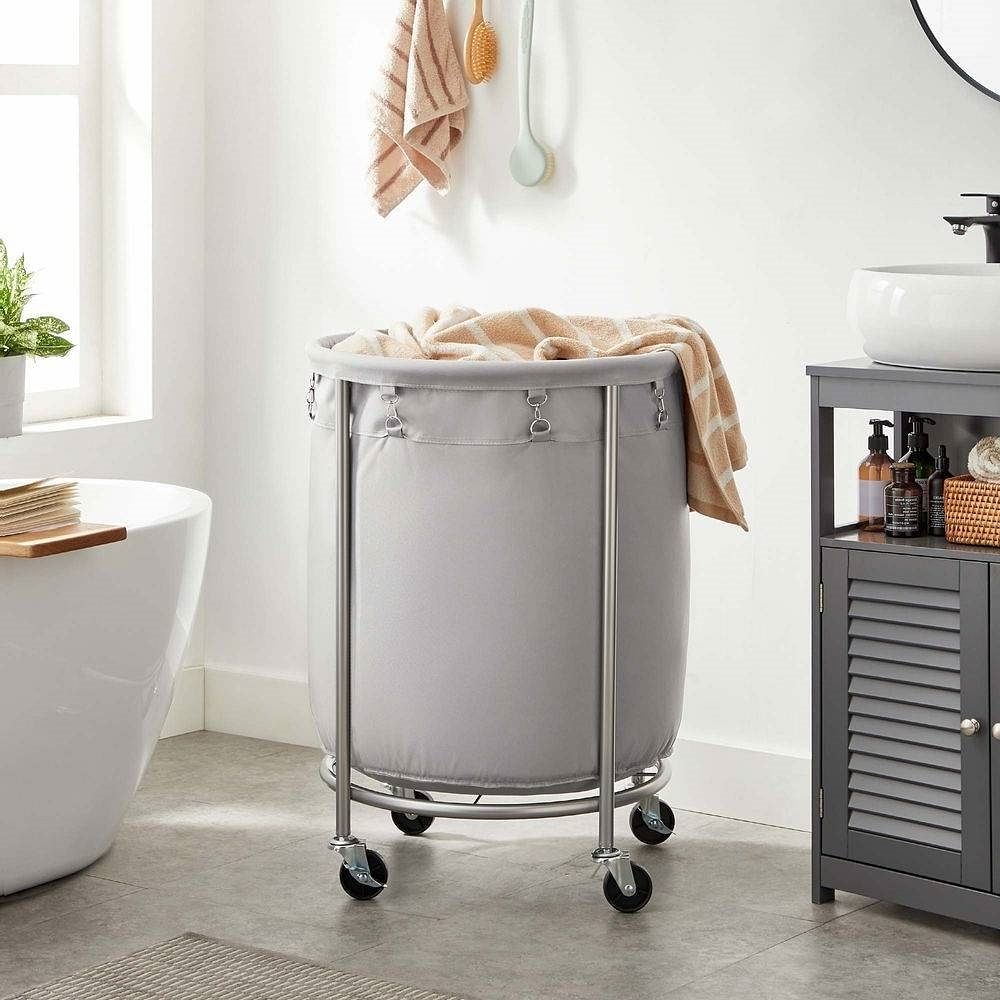 Round 45-Gallon Laundry Basket Hamper with Grey Fabric Bag Steel Frame on Wheels - Free Shipping 