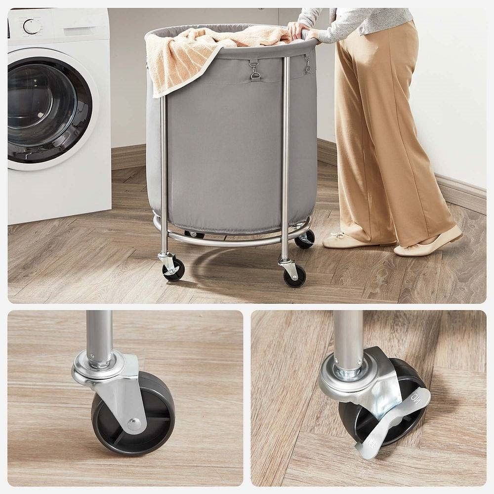 Round 45-Gallon Laundry Basket Hamper with Grey Fabric Bag Steel Frame on Wheels - Free Shipping 